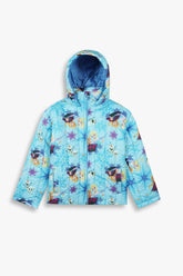 Frozen Kids Puffer Jacket | Winter Hooded Coat with Elsa, Anna & Olaf Print